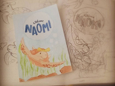 "Welcome Naomi" card illustration lettering soft turtle watercolor