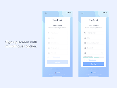 Hankink.
Sign Up screen with multilingual option!