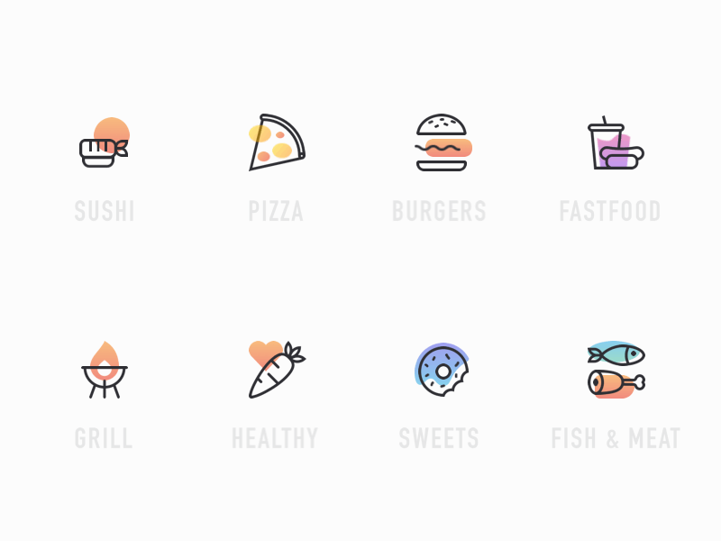 Delivery club food icons burger delivery fastfood fish food grill healthy icons meat mobile pizza sushi sweets