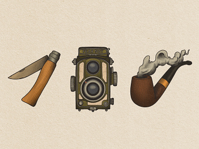 Misc. Illustrations, 001 35mm adventure branding camera design explorer illustration opinel pipe