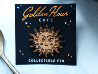 Golden Hour Cafe - Collectable Pin celestial collectible enamel pin golden hour laser laser cut laser engrave lunar mid century pin pin backer card smiling sun solar sun