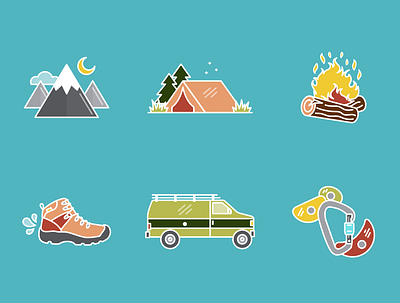 Outdoorsy Icons adventure boot brand identity camp fire camping carabiner climbing design hiking icon design iconography icons iconset illustration mountains outdoors tent van gogh vanlife vector