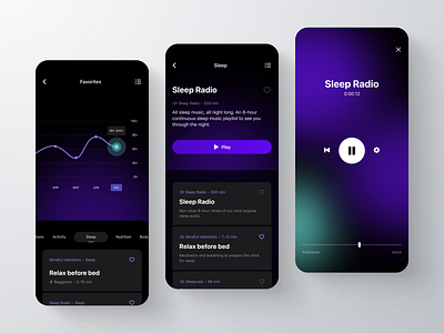 Health & Fitness App. Explore Sleep. app card chart content dark mode design diagram discover explore favorites graph manage mobile mobile app player radio sleep ui ux