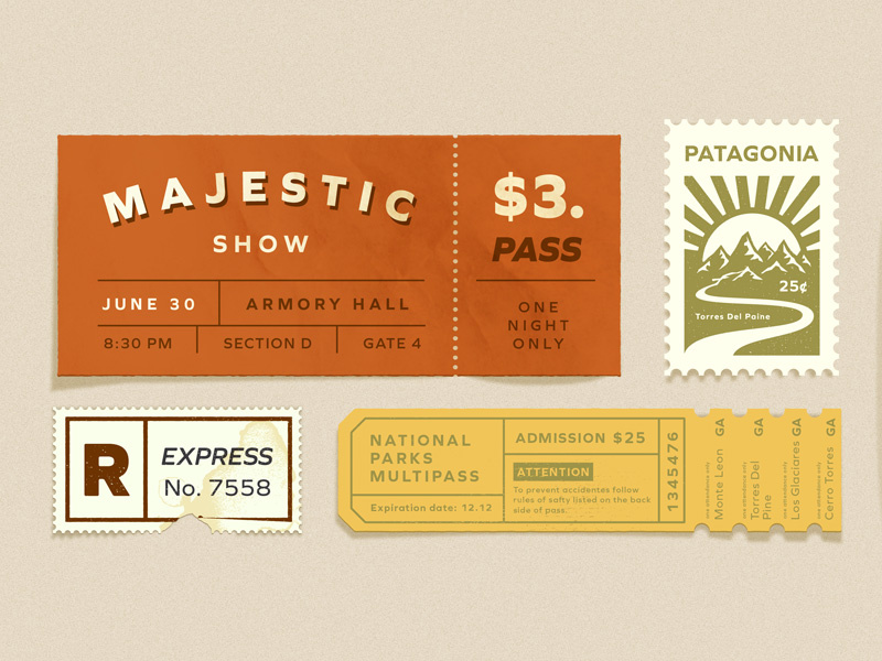 hero image typography design tickets old vintage texture illustration. stam details pass