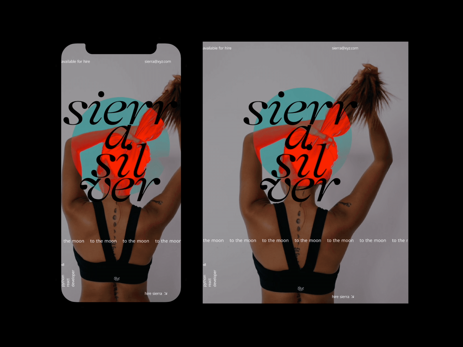Sierra black clean color design developer exclusion grid interaction minimal mobile moon motion portfolio type ui unsplash ux visual design white woman