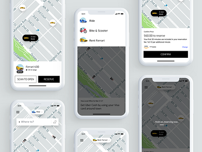 Uber Ferrari app clay clean concept design ferrari illustration ios mobile rental uber ui ux white