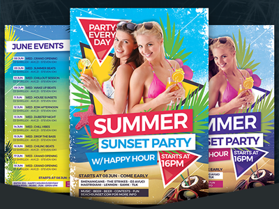 Free Summer Sunset Party Flyer Template bar beach event flyer nightclub pamphlet party pool print summer template venue