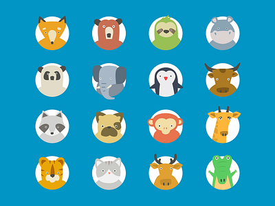 Set of avatars for ZooRoom App animals avatars cat cow deer dog fox giraffe panda penguin raccoon sloth