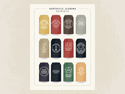 Huntsville Breweries Poster alabama badge beer beer bottle beer can brand branding breweries brewery huntsville illustration local logo packaging poster retro south southern typography vintage