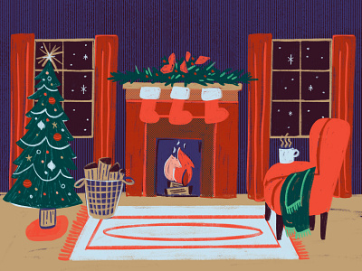 Cozy Christmas Illustration advent armchair christian christmas cozy fire fireplace goauche holiday holidays log ornaments rug scene season stockings texture tree windows winter
