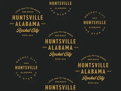 Huntsville Alabama Badges alabama badge brand branding business huntsville logo moon motto restaurant retro rocket rocket city slogan south southern type typography vintage wood type