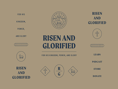 Risen and Glorified Branding badge brand branding christian church cross icon identity jesus lamb logo ministry missions podcast risen type typography vector web website