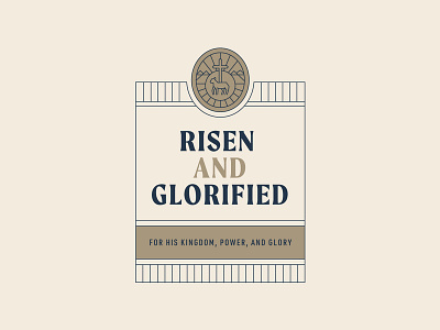Risen And Glorified Badge badge brand branding church cross gold illustration jesus lamb lines logo ministry monoline podcast print type vector web