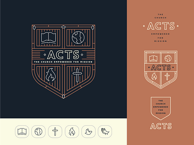 Acts Branding acts badge book brand branding church crest cross dove fire globe hands holy spirit logo ministry missions prayer shield type world