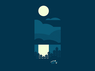 Cabin in the woods cabin clouds forest illustration lake moon moonlight night screenprint trees woods