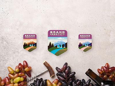 landscape logo with mountains for family owned vineyard agriculture badge bar branding farm farming label landscape logo natural nature organic outdoor premium restaurant vine vinery vineyard waterfall wine