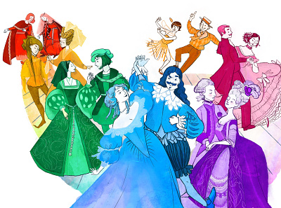Dancing Through Time - an illustrated history of fashion book illustation character design costume costume illustration digital illustration education educational illustration fashion fashion illustration history history illustration history of costume illustration portrait procreate watercolour illustration