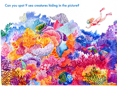 Spot the sea creatures, watercolour reef illustration book illustation childrens non fiction coral diver educational book educational illustration fish illustration kidlit nonfiction illustration sea creatures traditional illustration turtle underwater underwater illustration watercolor watercolour watercolour illustration