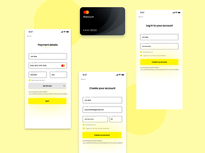 Payment , Sign Up, Sign In pages - app design app app design color theory dailyui design graphic design login payment details page sign in sign up typography ui ux vector yellow yellow app design