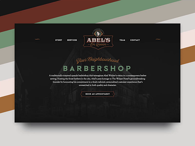 Abel's on Queen Barbershop Website animation barber barbershop booking clean dark design graphic hotel modern web webflow website