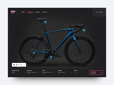 Bike Shop Customization animation bicycle color picker configuration customize interaction motion page transition ui webshop website