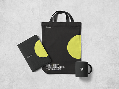 Pressland Bag bag blockchain brand identity branding branding design corporate identity design events green journalist mug notebook press print