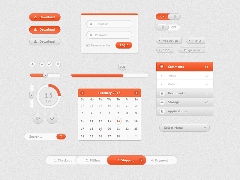 Cute UI Kit photoshop psd vector ui design user interface gui graphic user interface freebie buttons orange login form toggles vertical navigation progress bar circular search tags on off pause cross okay radio payment process