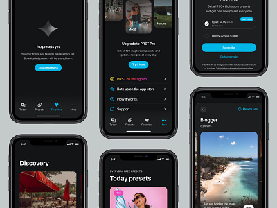 PRST – Presets for Lightroom app menu feed filter app item view lightroom menu mobile app mobile apps mobile design mobile ui more paywall photo app preset presets pricing prst