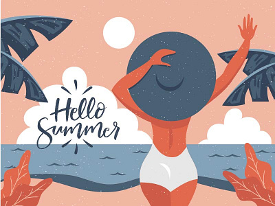 Hello Summer beach girl handdrawn landscape minimalist sea summer travel tropical vacation vector woman