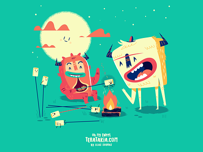 :::Teratakia Campfire Marshmellows::: campfire cookie monster fire funny happy illustration marshmellows monster night vector