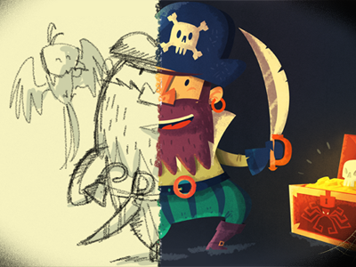 Pirate: from concept to final illustration character design concept art funny illustration parrot pirate sword treasure
