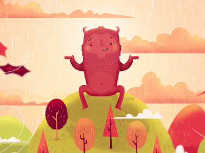 Autumn Monster autumn character clouds fall happy hill leaves monster rain serenity trees