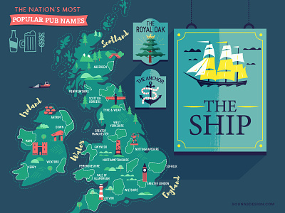 :::The most popular pub names::: beer drink illustration infographic map map design pub sign uk