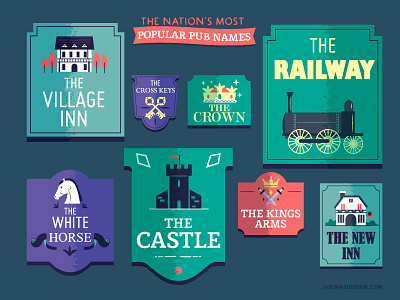 :::Popular pub names as signs::: beer design illustration infographic logo map map design pub signs uk vector