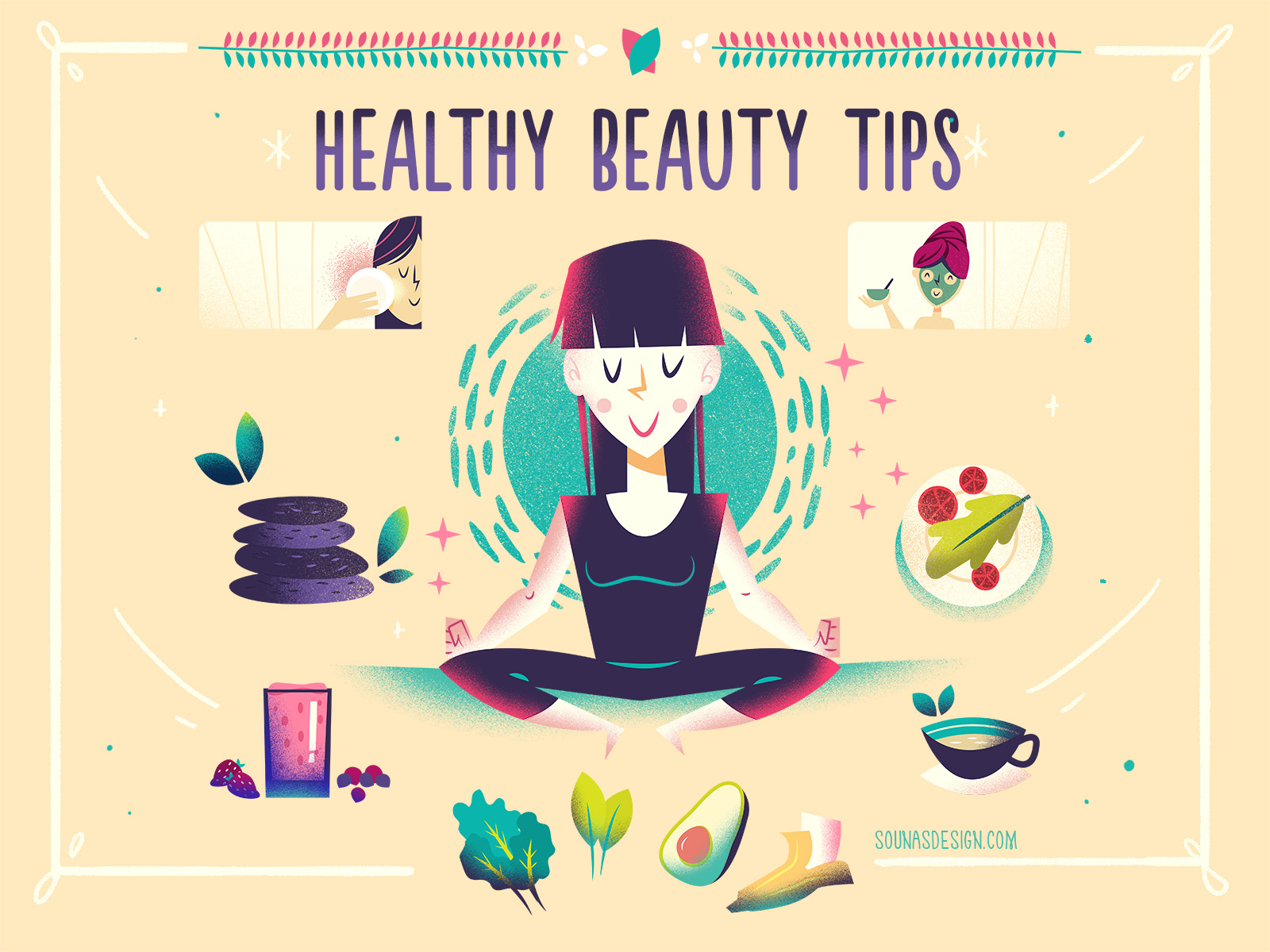 :::Healthy Beauty Tips::: beauty character fruits happy healthy illustration infographic vector