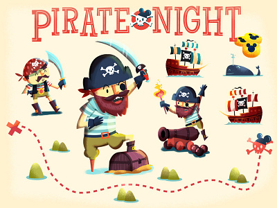 Disney Pirate Night infographic cannon character design coins map pirate ship skulls treasure whale