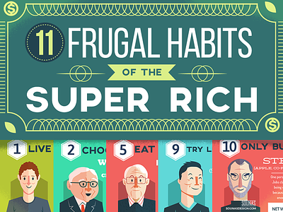 :::Super Rich Habits::: economy facebook frugal illustration infographic rich save ikea steve jobs