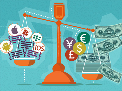 App revenues vs costs editorial illustration mobile money platforms scale