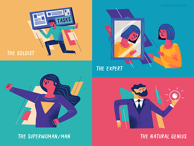 :::Various graphics - Impostor syndrome::: editorial infographic people poses types of people