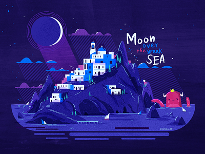 :::Moon over the greek sea::: greece island moon night rocks sea summer vector