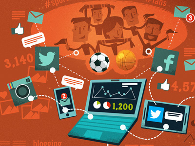 Social media basketball blogging editorial facebook fans football illustration images instagram laptop like mails media mobile soccer social sports statistics tablet twitter