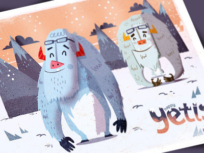 Happy Yetis (final) character design cold happy illustration mountains purple snow white winter yetis