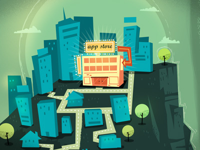 Mobile Duopolies app bright chasm city dark gap hills illustration market mobile town