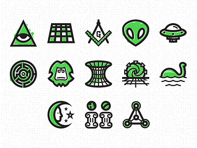 Super Secret Club Icon Pack, Vol 1 alien bigfoot conspiracy crop circle icon loch ness mason pyramid spaceship time travel ufo wormhole