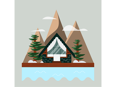 Lake cabin capsule autumn cabin camping capsule forest glamping illustration lake woods