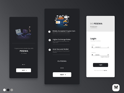 Mobile onboarding screens and a Log In screen for PESEWA app dev appdev crypto crytocurrency design concept login mobile ui