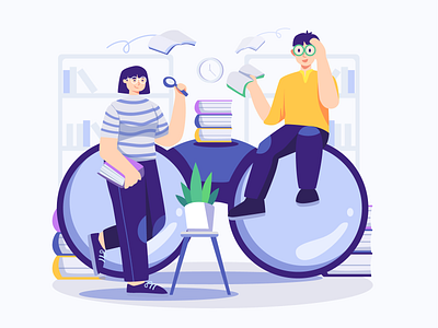 People Analyze Books Flat Illustration