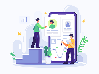 People Search Their Profile In App Flat Illustration app branding chat connection content design flat header illustration illustration media mobile phone online phone research search social ui ui design vector web