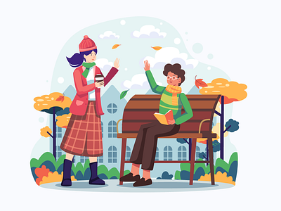 A Woman Greets a Man Sitting on a Park Flat Illustration