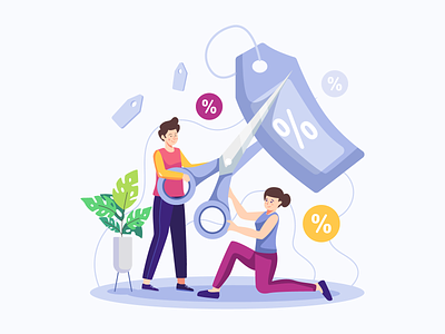 Couple Cutting Discount Coupons For Big Sale Flat Illustration advertising branding buy commerce couple coupon credit design discount flat header illustration illustration label marketing payment professional ui ui design vector web